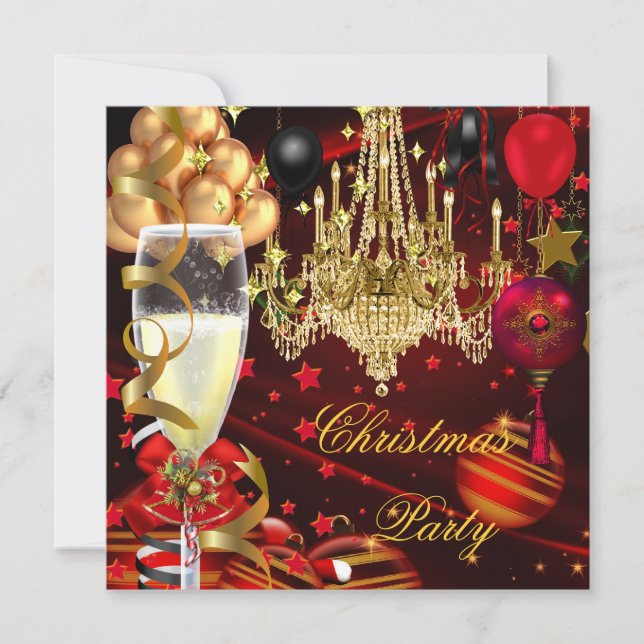 Christmas Holiday Champagne Party Red Gold Balls Invitation (Front)