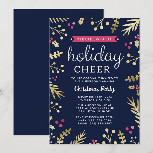 Christmas Holiday Cheer Navy Blue Party  Invitation (Front/Back)