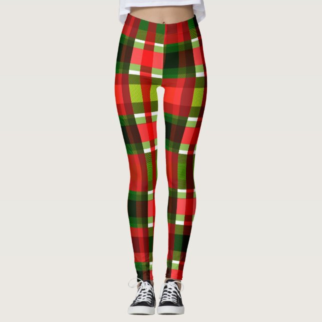 Christmas Holiday Chequered Squares Buffalo Plaid Leggings (Front)