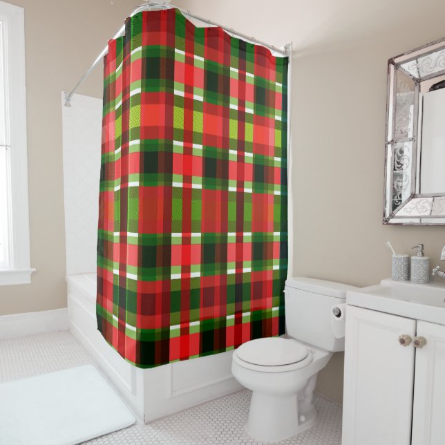 Christmas Holiday Chequered Squares Buffalo Plaid Shower Curtain (In Situ)