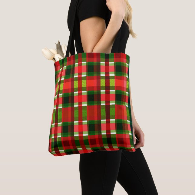 Christmas Holiday Chequered Squares Buffalo Plaid Tote Bag (Close Up)