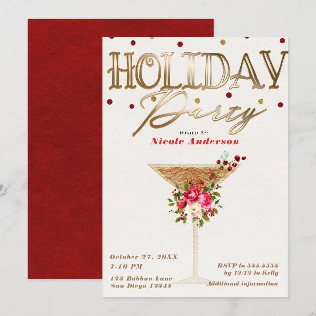 Christmas Holiday Cocktail Party Gold Red Holiday Invitation (Front/Back)