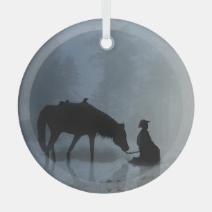 Christmas Holiday Cowboy and Horse Glass Tree Decoration