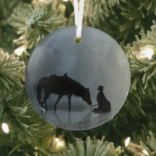Christmas Holiday Cowboy and Horse Glass Tree Decoration