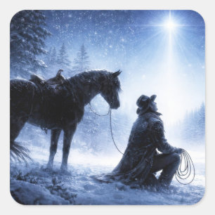 Christmas Holiday Cowboy and Horse North Star Square Sticker