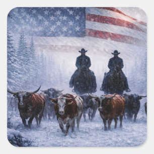 Christmas Holiday Cowboys Cattle Flag Square Sticker