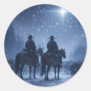 Christmas Holiday Cowboys Horses Cattle North Star Classic Round Sticker
