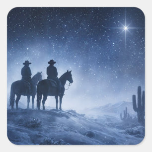 Christmas Holiday Cowboys Horses North Star Square Sticker