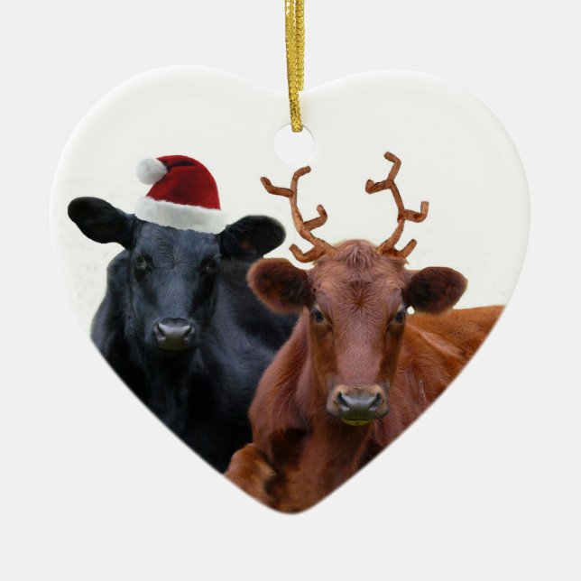 Christmas Holiday Cows in Santa Hat and Antlers Ceramic Tree Decoration (Front)