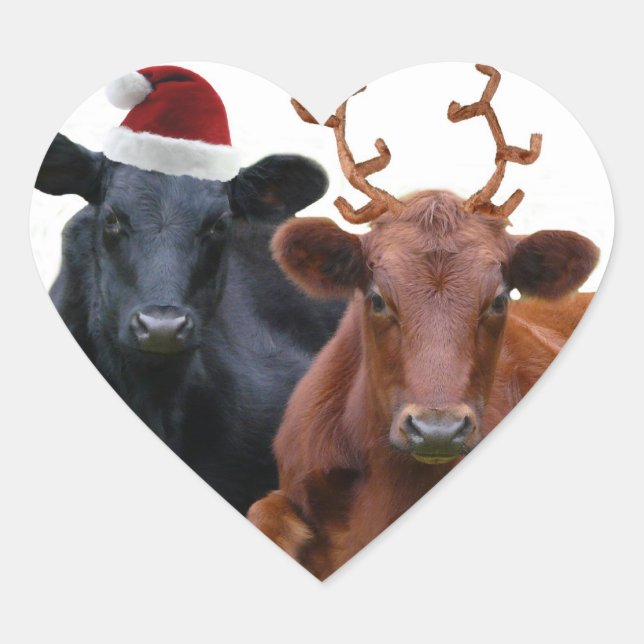 Christmas Holiday Cows in Santa Hat and Antlers Heart Sticker (Front)
