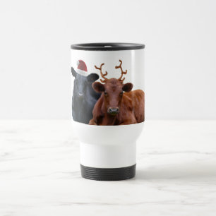 Christmas Holiday Cows in Santa Hat and Antlers Travel Mug
