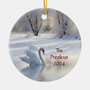 Christmas Holiday Custom Date Name Swan Ceramic Tree Decoration