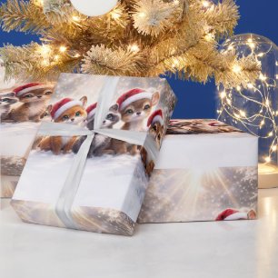 Christmas Holiday Cute Animals with Santa Hats Wrapping Paper