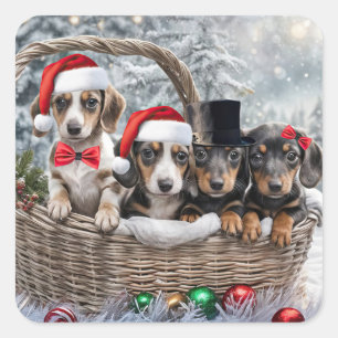 Christmas Holiday Cute Dachshund Puppies Square Sticker