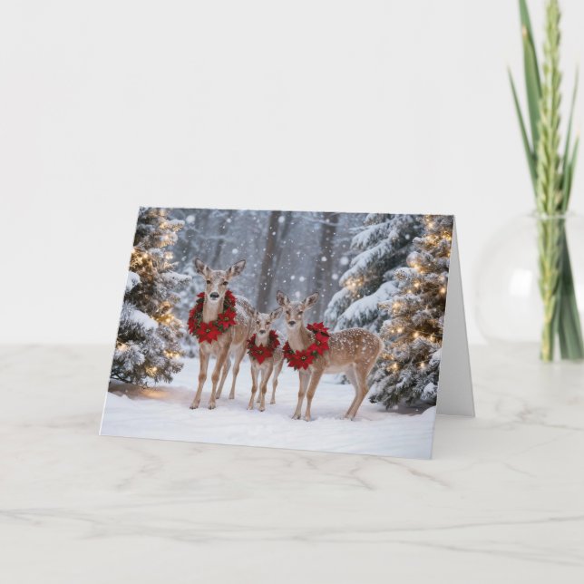 Christmas Holiday Cute Deer Family with Wreaths  Card (Front)
