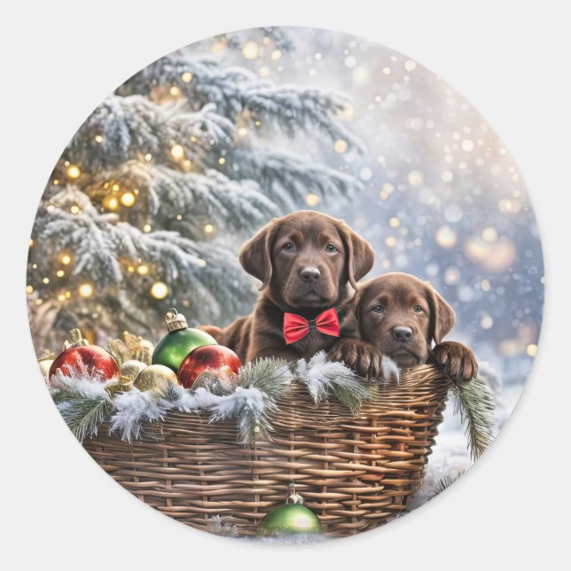 Christmas Holiday Cute Lab Puppies Classic Round Sticker (Front)