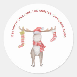 Christmas Holiday Cute Moose Return Address Classic Round Sticker