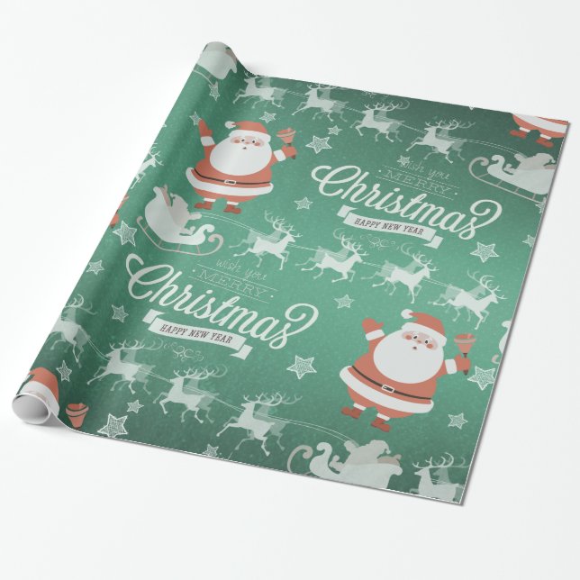 Christmas Holiday Cute Santa Claus Sleigh Reindeer Wrapping Paper (Unrolled)