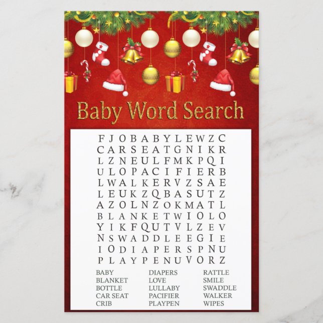 Christmas Holiday Decor Baby Shower Word Search (Front)