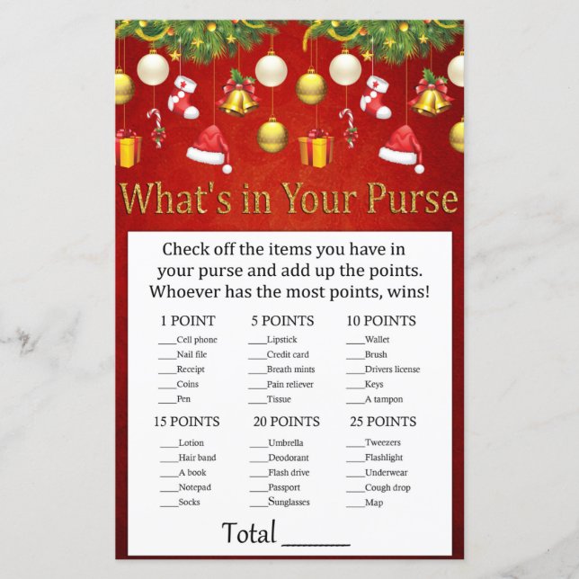 Christmas Holiday Decor What's in your purse game (Front)
