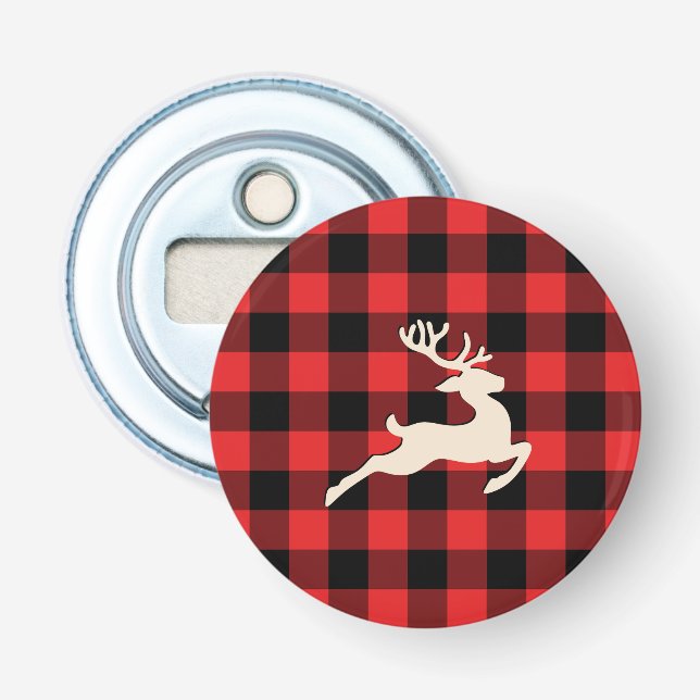 Christmas Holiday Deer Antlers Red Black Gingham Bottle Opener (Front)