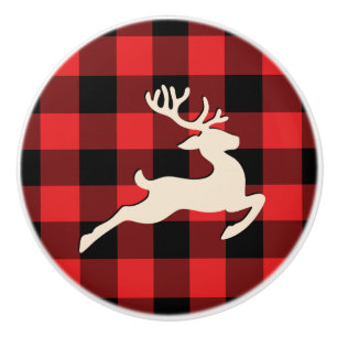 Christmas Holiday Deer Antlers Red Black Gingham Ceramic Knob