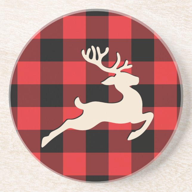 Christmas Holiday Deer Antlers Red Black Gingham Coaster (Front)