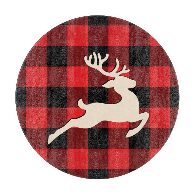 Christmas Holiday Deer Antlers Red Black Gingham Cutting Board (Front)