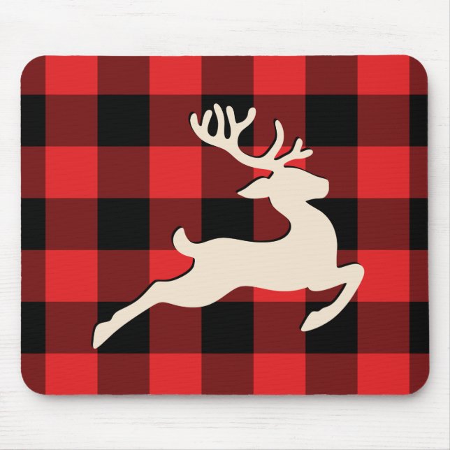 Christmas Holiday Deer Antlers Red Black Gingham Mouse Mat (Front)