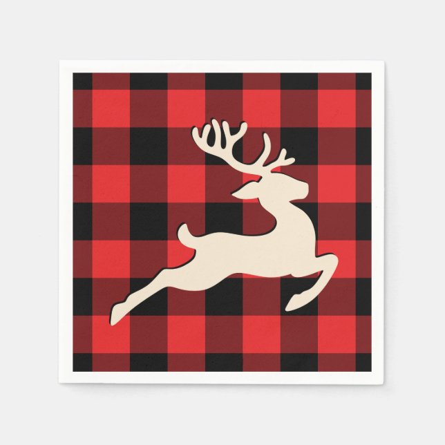 Christmas Holiday Deer Antlers Red Black Gingham Napkin (Front)