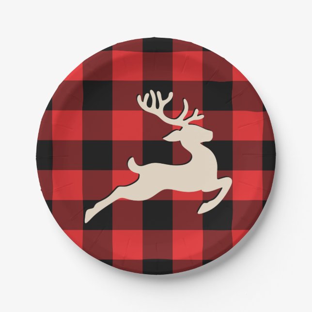 Christmas Holiday Deer Antlers Red Black Gingham Paper Plate (Front)