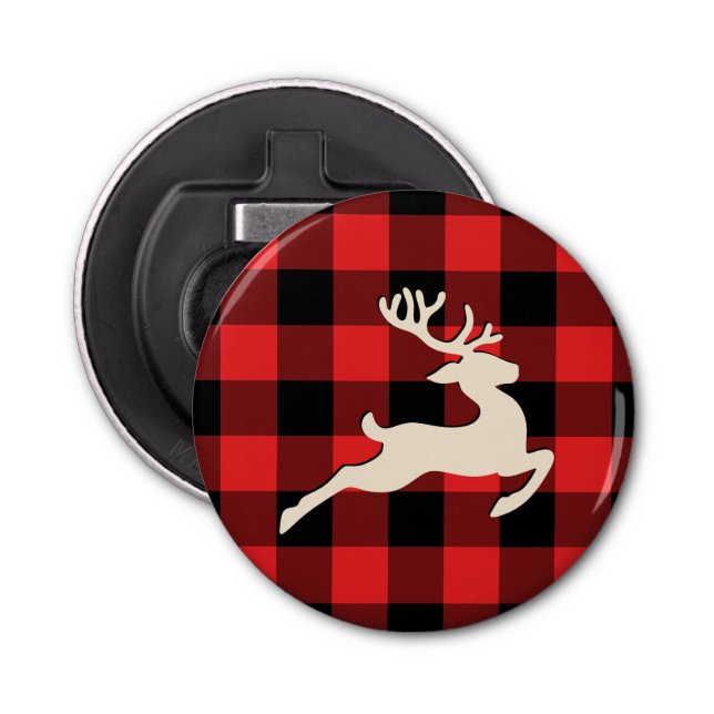 Christmas Holiday Deer Antlers Red Buffalo Plaid Bottle Opener (Front)