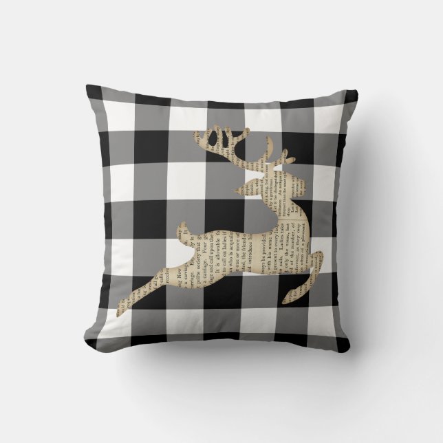 Christmas Holiday Deer Black White Gingham Cushion (Front)