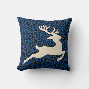 Christmas Holiday Deer Blue Leopard Print Cushion