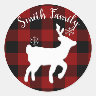Christmas Holiday Deer on Buffalo Plaid Custom Classic Round Sticker