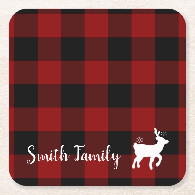 Christmas Holiday Deer on Buffalo Plaid Custom Square Paper Coaster (Front)