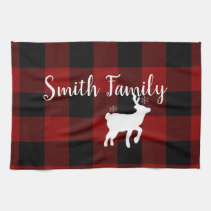 Christmas Holiday Deer on Buffalo Plaid Custom Tea Towel