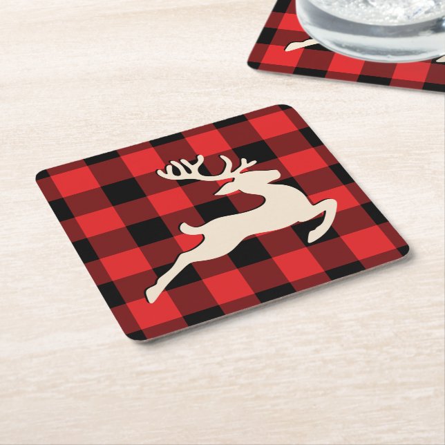 Christmas Holiday Deer Red Black Gingham Square Paper Coaster (Angled)