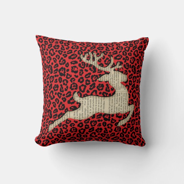Christmas Holiday Deer Red Black Leopard Print Cushion (Front)