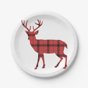Christmas Holiday Deer Red Plaid Tartan Pattern Paper Plate