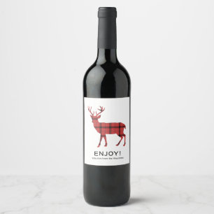Christmas Holiday Deer Red Plaid Tartan Pattern Wine Label