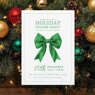 Christmas Holiday Dinner Party Green Satin Bow Invitation