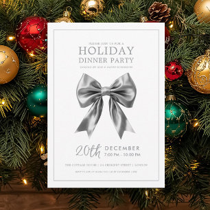 Christmas Holiday Dinner Party Silver Satin Bow Invitation