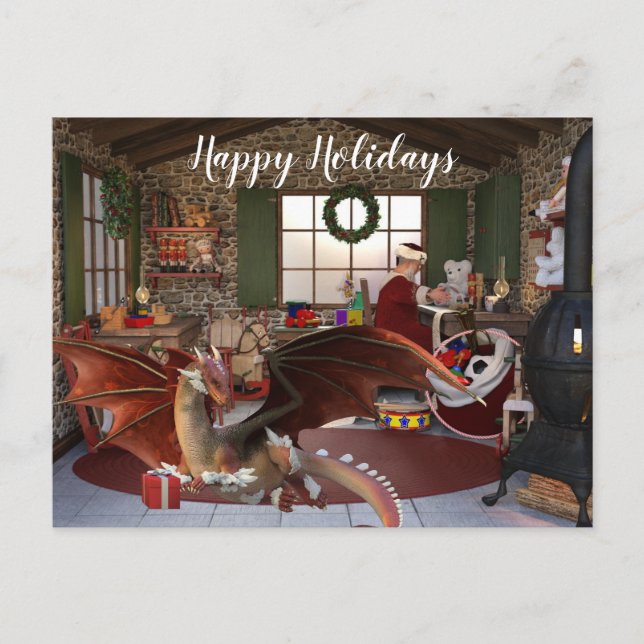Christmas Holiday Dragon in Santa's Workshop Postcard (Front)