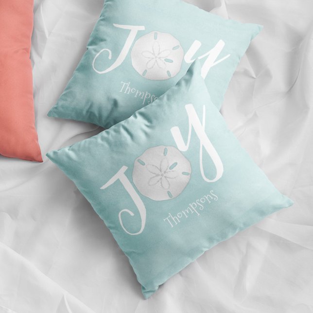 Christmas Holiday Elegant Beach Turquoise Coastal  Cushion (Christmas Holiday Joy typography custom throw pillow.)