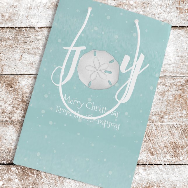 Christmas Holiday Elegant Beach Turquoise Coastal Medium Gift Bag (Holiday Joy typography wine gift bag with a whimsical beach theme.)