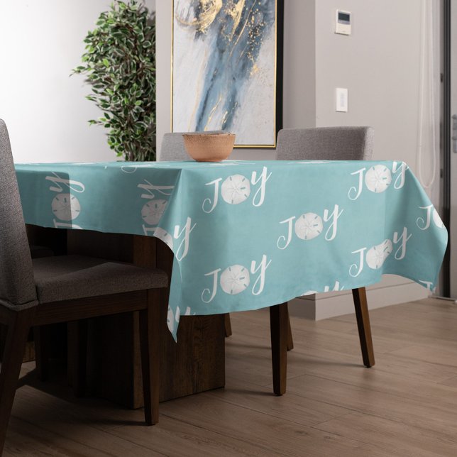 Christmas Holiday Elegant Beach Turquoise Coastal Tablecloth (Christmas holiday turquoise blue "Joy" sand dollar tablecloth. )
