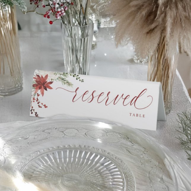 Christmas Holiday Elegant Reserved (Elegant Christmas reserved tent sign with watercolor holly berries, greenery, and floral accents.)