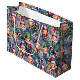 Christmas Holiday Elf Pattern Large Gift Bag