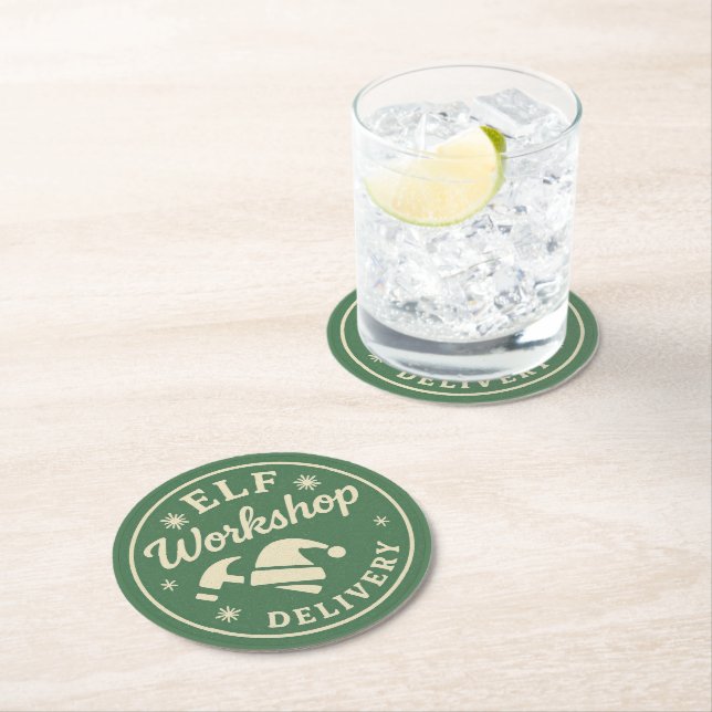 Christmas Holiday Elf Workshop Round Paper Coaster (Insitu)
